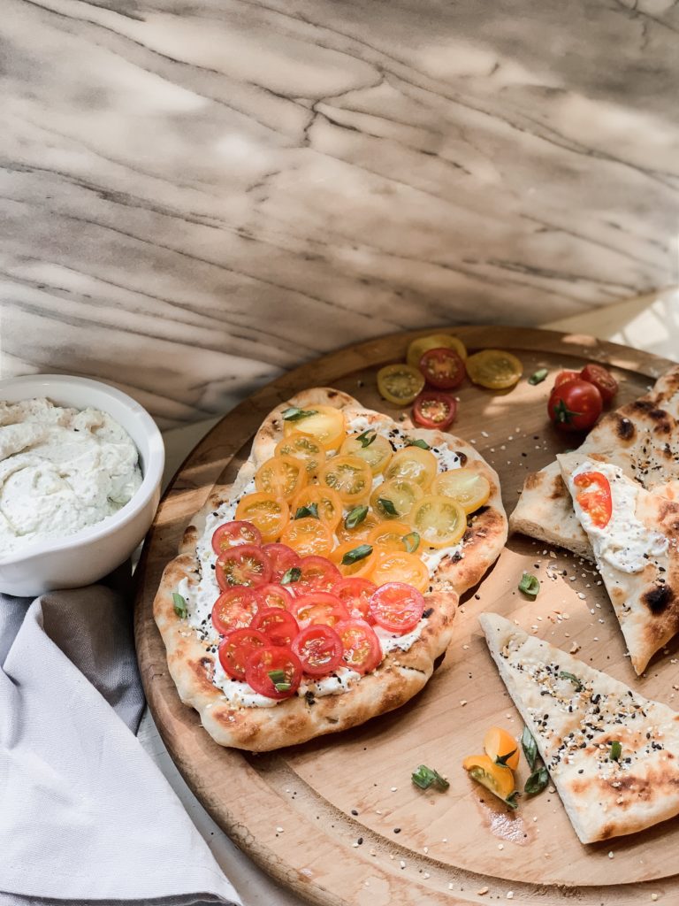 Everything Flatbread with Vegetable Cream Cheese and Tomato